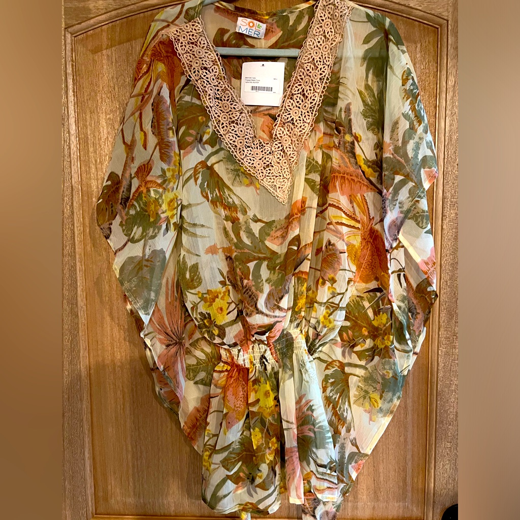 Brand New Sol  Mer Swim Coverup Tunic Midi Brown Leaf Print Beach One Size